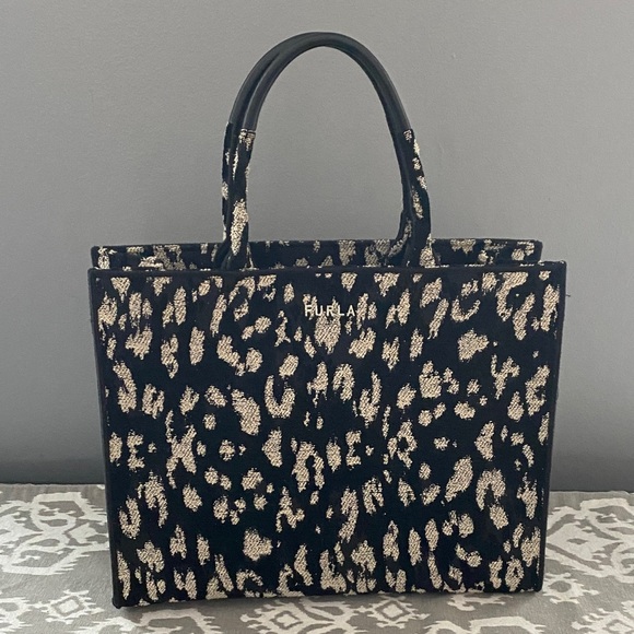 Furla Handbags - Furla Opportunity Tote Bag in Toni Nero Jacquard Fabric with Leopard Print